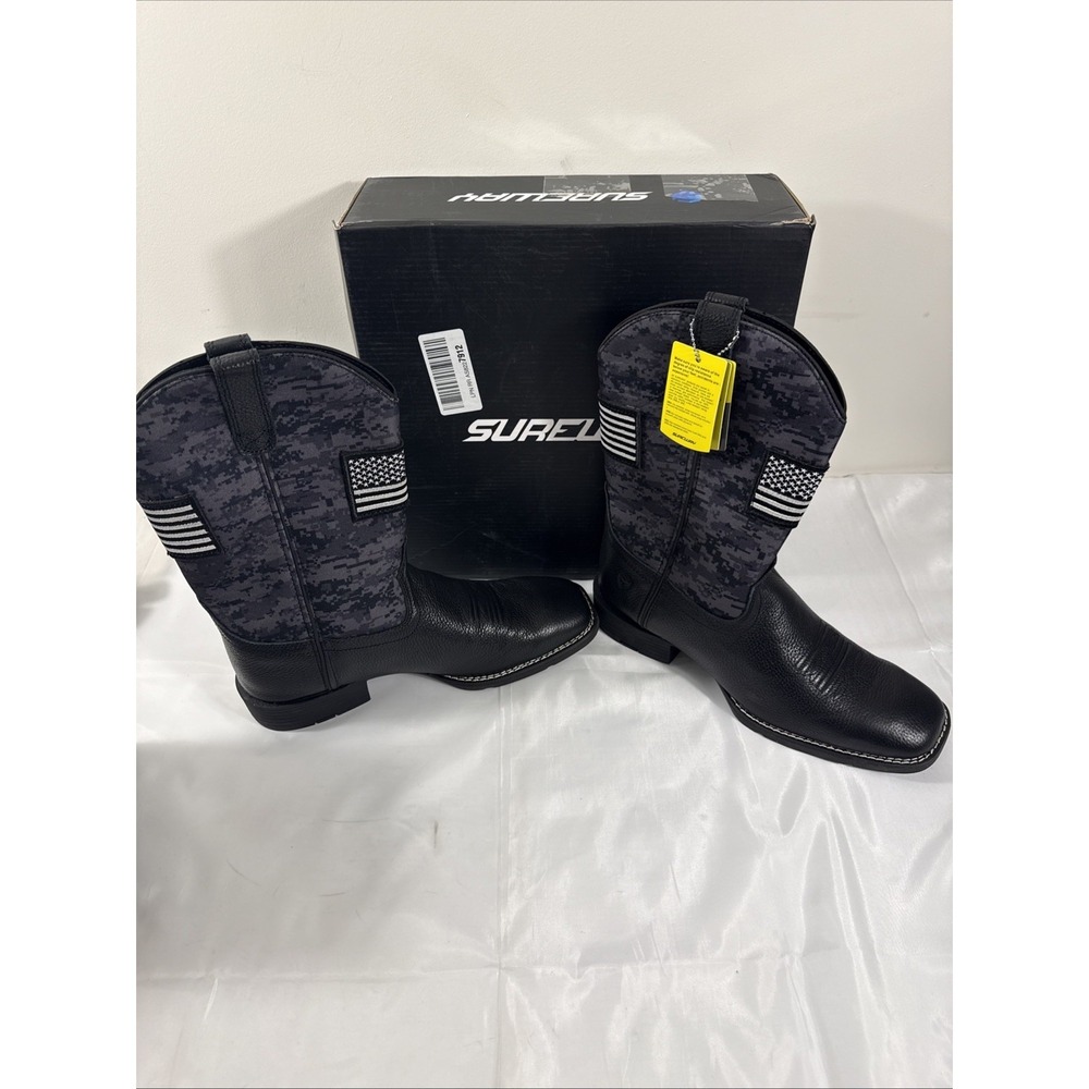 Sureway Mens Cowboy Boots Square Toe‎ Size 12 Black Camo patriotic American Flag